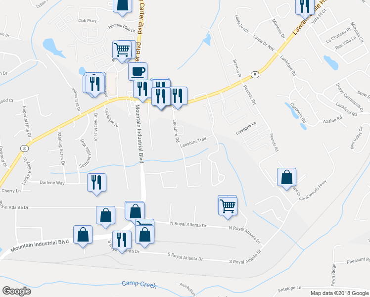 map of restaurants, bars, coffee shops, grocery stores, and more near 5005 Leeshire Trail in Tucker