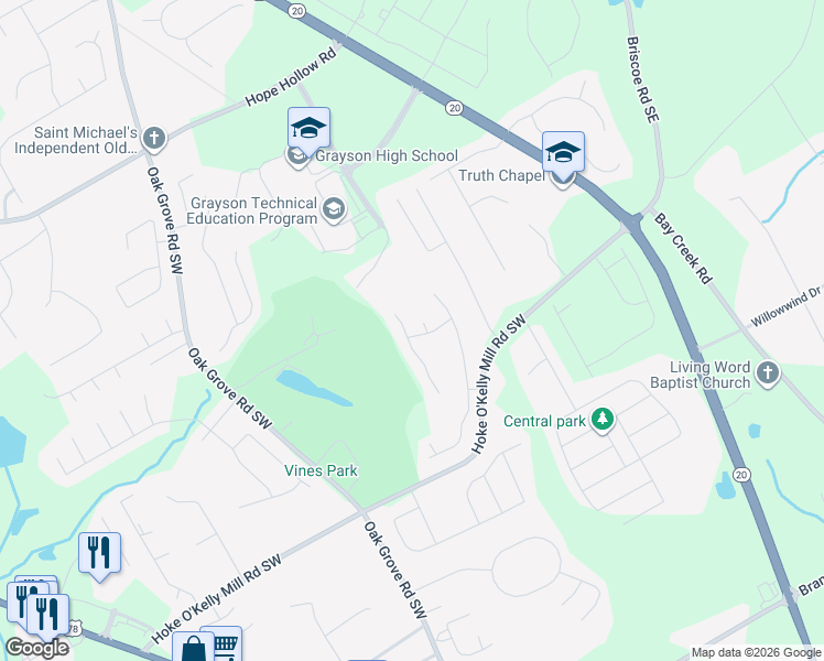 map of restaurants, bars, coffee shops, grocery stores, and more near 3488 Woodshade Drive in Loganville
