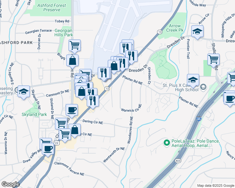 map of restaurants, bars, coffee shops, grocery stores, and more near 2642 Warwick Circle Northeast in Atlanta