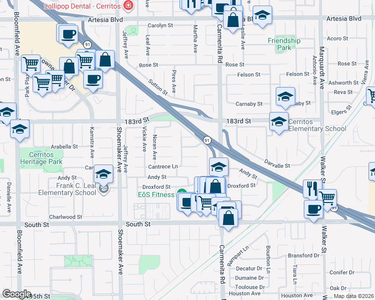 map of restaurants, bars, coffee shops, grocery stores, and more near 13226 Arabella Street in Cerritos