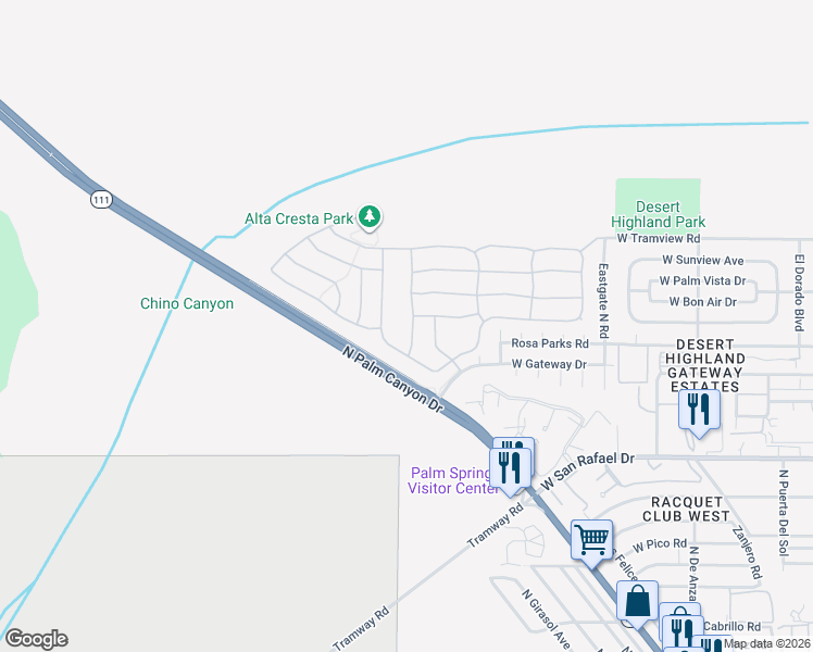 map of restaurants, bars, coffee shops, grocery stores, and more near 3713 Vista Verde in Palm Springs