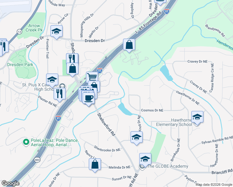map of restaurants, bars, coffee shops, grocery stores, and more near 1502 Briarlake Court Northeast in Atlanta