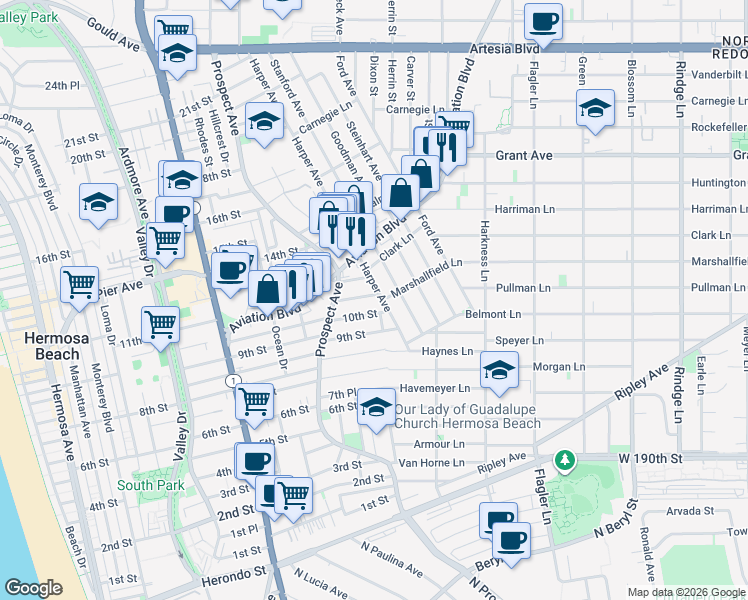 map of restaurants, bars, coffee shops, grocery stores, and more near 1244 11th Street in Hermosa Beach