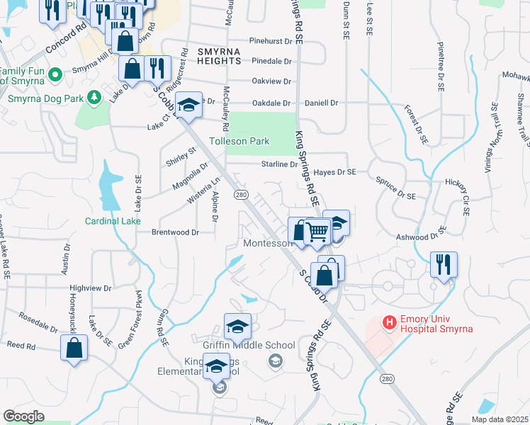 map of restaurants, bars, coffee shops, grocery stores, and more near 201 Coronet Woods Court in Smyrna