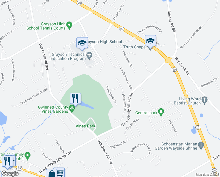 map of restaurants, bars, coffee shops, grocery stores, and more near 3488 Woodshade Drive in Loganville