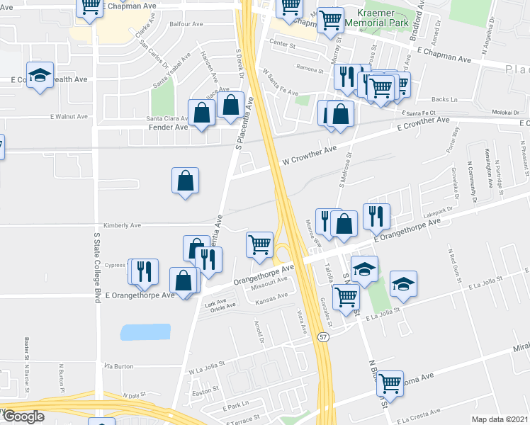 map of restaurants, bars, coffee shops, grocery stores, and more near 701 West Kimberly Avenue in Placentia
