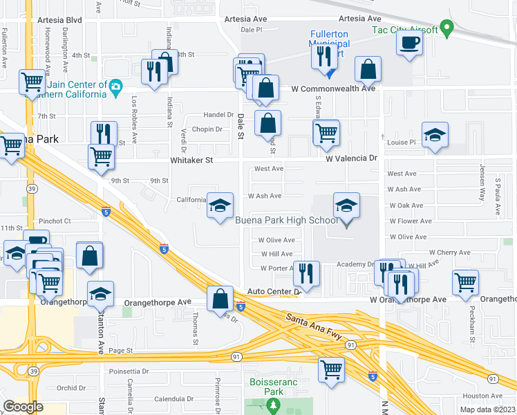 map of restaurants, bars, coffee shops, grocery stores, and more near 4285 West Oak Avenue in Fullerton