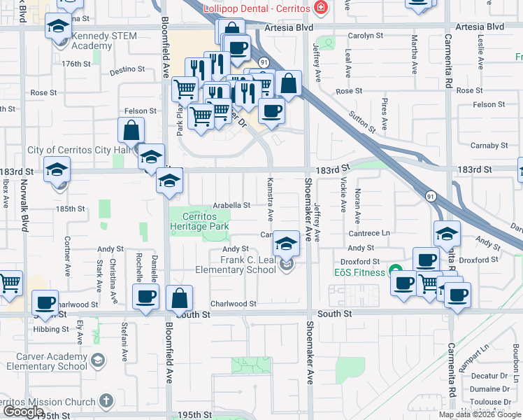 map of restaurants, bars, coffee shops, grocery stores, and more near 18505 Kamstra Avenue in Cerritos