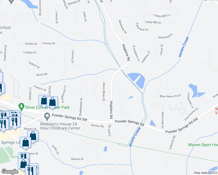 map of restaurants, bars, coffee shops, grocery stores, and more near 3700 Hopkins Road in Powder Springs