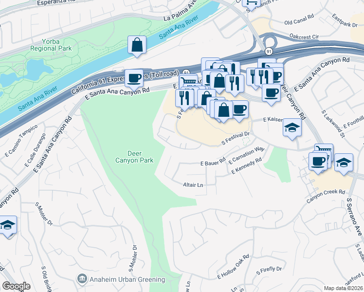 map of restaurants, bars, coffee shops, grocery stores, and more near 225 South Festival Drive in Anaheim