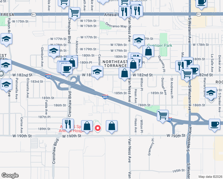 map of restaurants, bars, coffee shops, grocery stores, and more near 2330 184th Street in Torrance