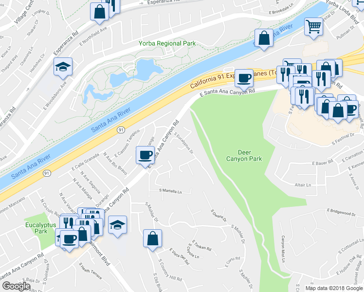 map of restaurants, bars, coffee shops, grocery stores, and more near 7685 East Eucalyptus Way in Anaheim