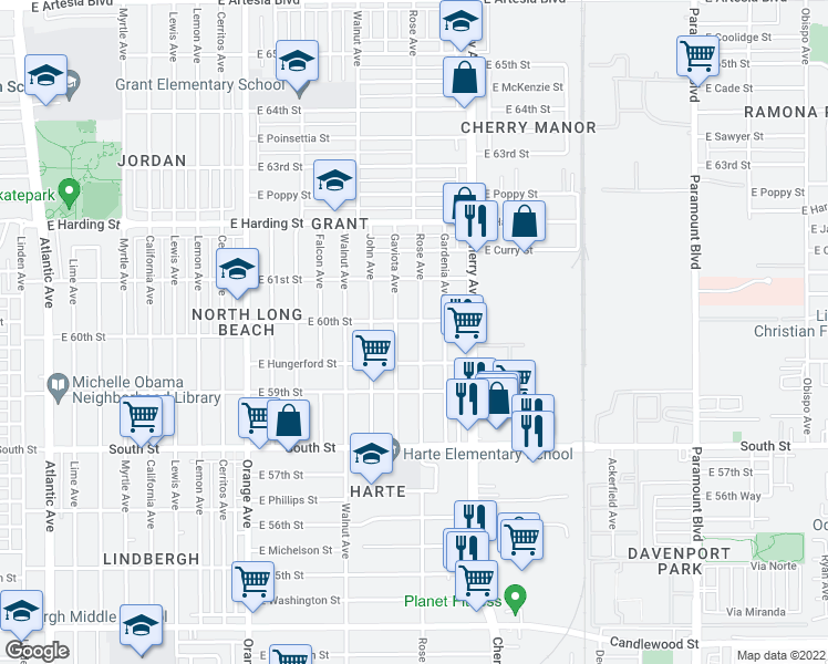 map of restaurants, bars, coffee shops, grocery stores, and more near 5953 Rose Avenue in Long Beach