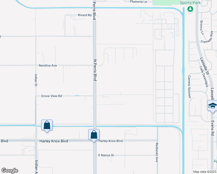 map of restaurants, bars, coffee shops, grocery stores, and more near 25100 Globe Street in Moreno Valley