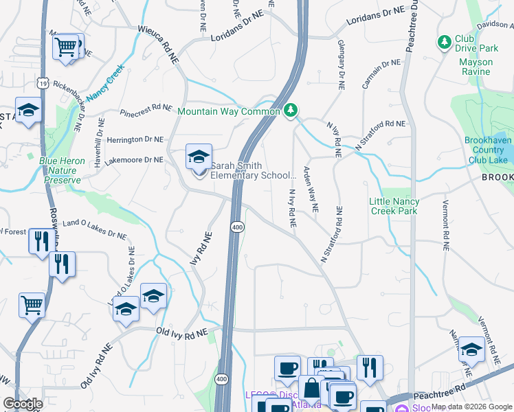 map of restaurants, bars, coffee shops, grocery stores, and more near 4037 Wieuca Road Northeast in Atlanta