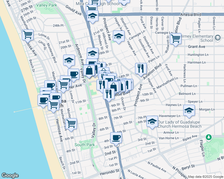 map of restaurants, bars, coffee shops, grocery stores, and more near 1100 Pacific Coast Highway in Hermosa Beach