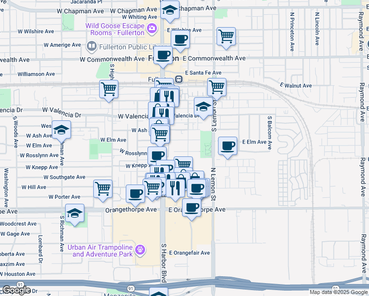 map of restaurants, bars, coffee shops, grocery stores, and more near 143 East Rosslynn Avenue in Fullerton