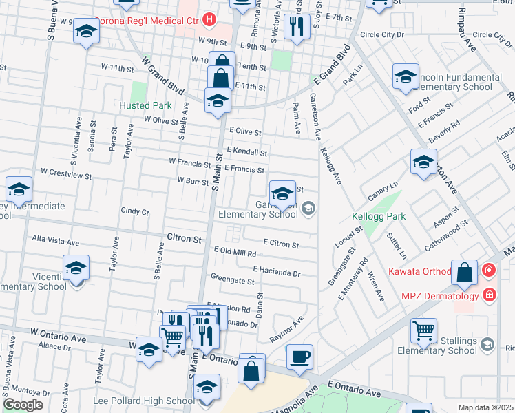 map of restaurants, bars, coffee shops, grocery stores, and more near in Corona