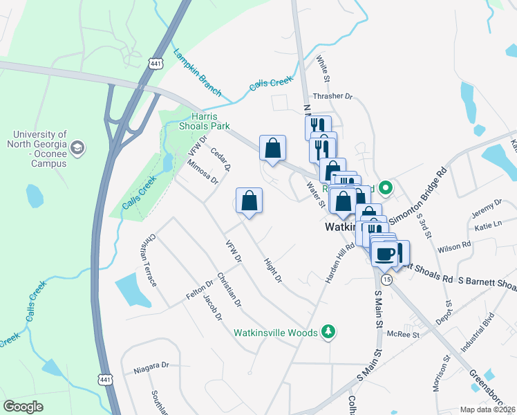 map of restaurants, bars, coffee shops, grocery stores, and more near 119 Bond Court in Watkinsville