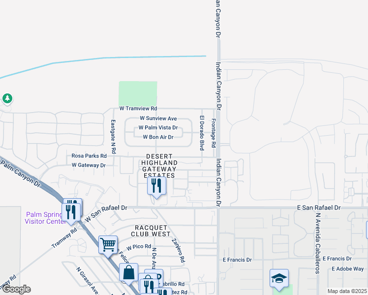 map of restaurants, bars, coffee shops, grocery stores, and more near 325 East Avenue Cerca in Palm Springs