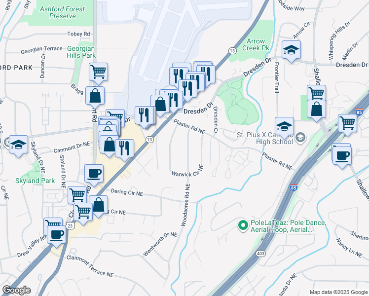 map of restaurants, bars, coffee shops, grocery stores, and more near 2644 Woodacres Road Northeast in Atlanta