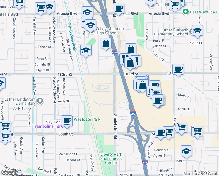 map of restaurants, bars, coffee shops, grocery stores, and more near 18427 Studebaker Road in Cerritos