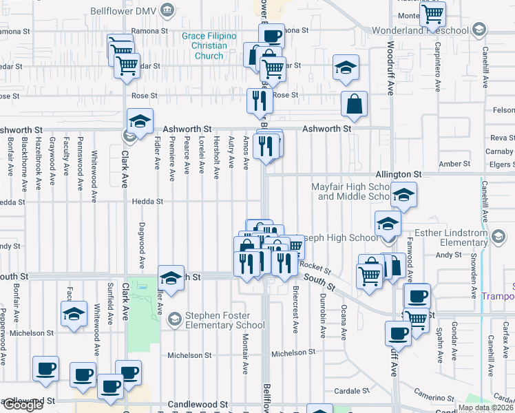 map of restaurants, bars, coffee shops, grocery stores, and more near 6003 Bellflower Boulevard in Lakewood