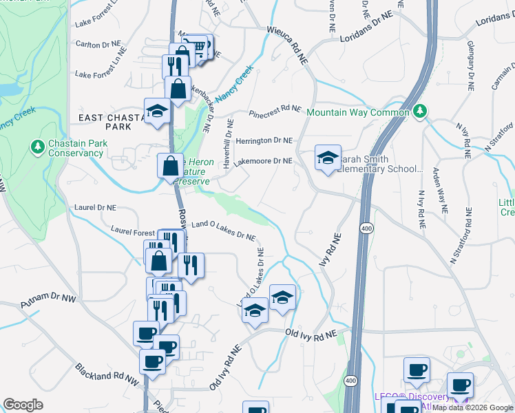 map of restaurants, bars, coffee shops, grocery stores, and more near 1 Emma Lane Northeast in Atlanta