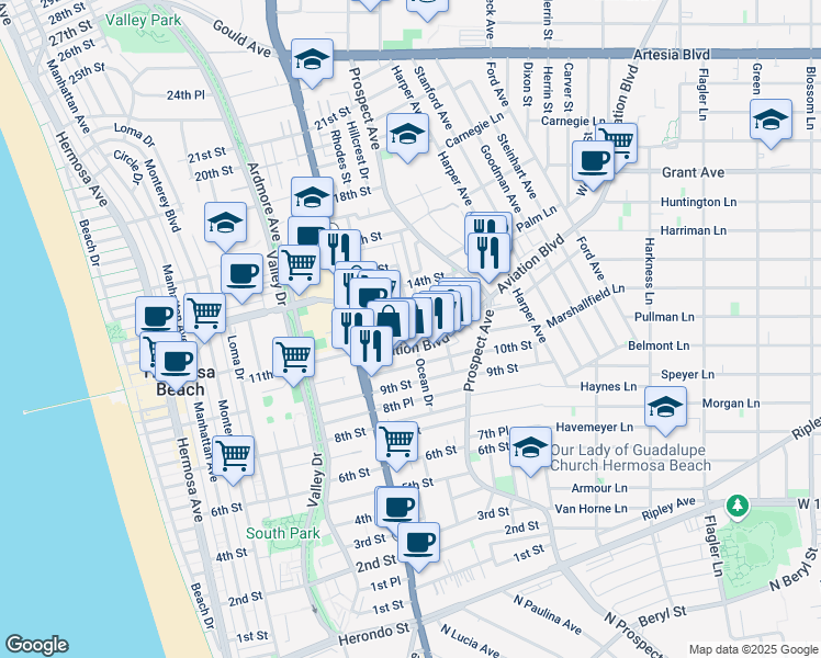 map of restaurants, bars, coffee shops, grocery stores, and more near 955 Montgomery Drive in Hermosa Beach