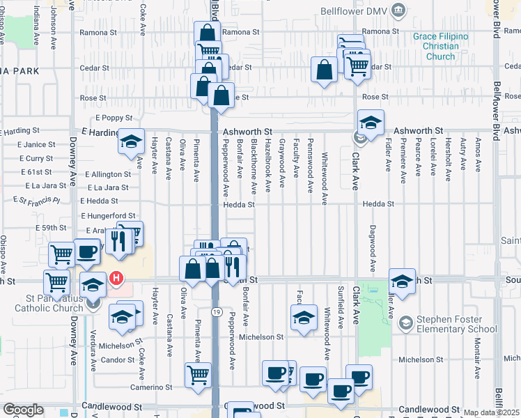 map of restaurants, bars, coffee shops, grocery stores, and more near 4508 Hedda Street in Lakewood