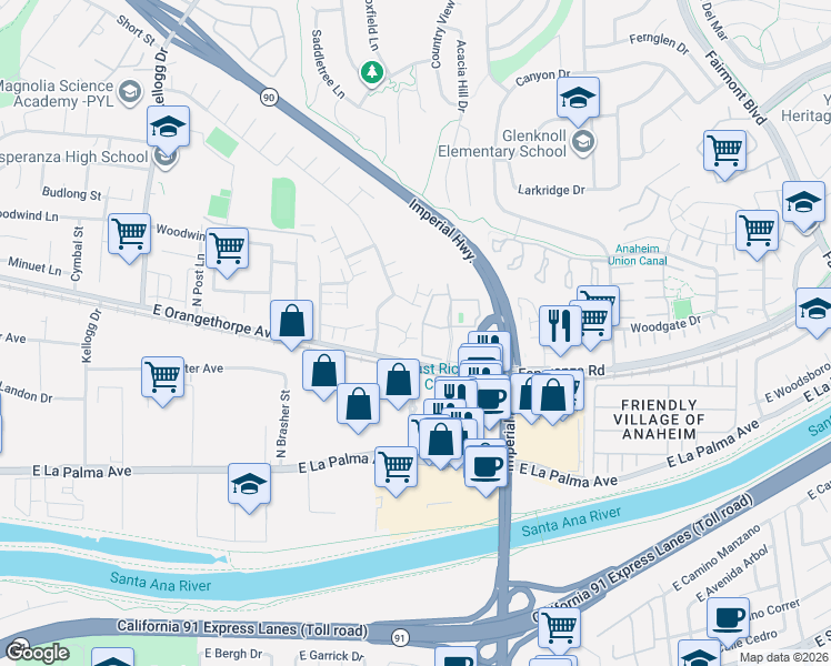 map of restaurants, bars, coffee shops, grocery stores, and more near 5461 East CandleWood Circle in Anaheim
