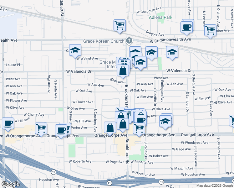 map of restaurants, bars, coffee shops, grocery stores, and more near 1808 West Oak Avenue in Fullerton