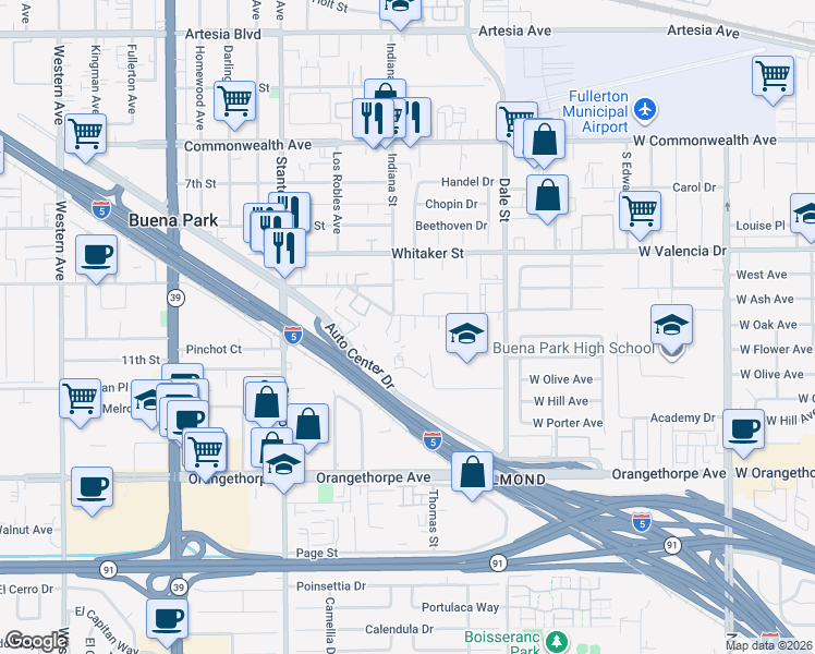 map of restaurants, bars, coffee shops, grocery stores, and more near 6582 Arizona Street in Buena Park