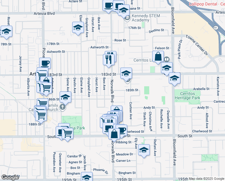 map of restaurants, bars, coffee shops, grocery stores, and more near 18429 Norwalk Boulevard in Artesia