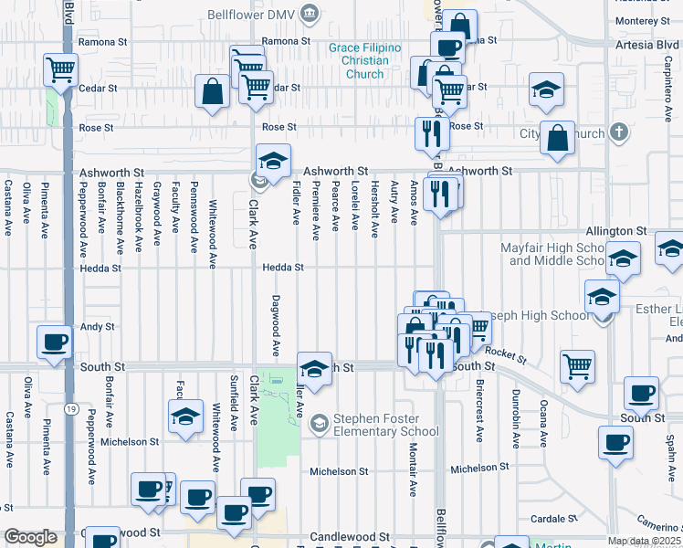 map of restaurants, bars, coffee shops, grocery stores, and more near 5965 Lorelei Avenue in Lakewood