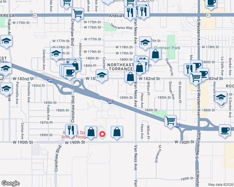 map of restaurants, bars, coffee shops, grocery stores, and more near 2330 184th Street in Torrance