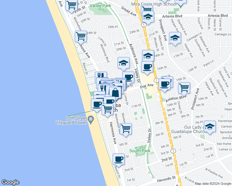 map of restaurants, bars, coffee shops, grocery stores, and more near 1414 Manhattan Avenue in Hermosa Beach