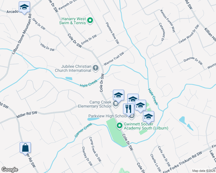 map of restaurants, bars, coffee shops, grocery stores, and more near 798 Valbrook Court Southwest in Lilburn