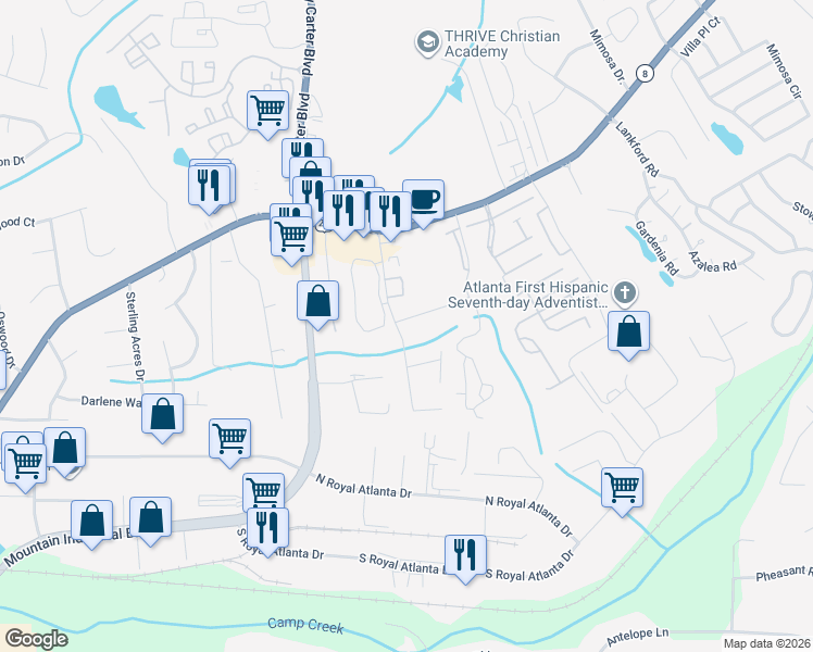 map of restaurants, bars, coffee shops, grocery stores, and more near 5005 Leeshire Trail in Tucker