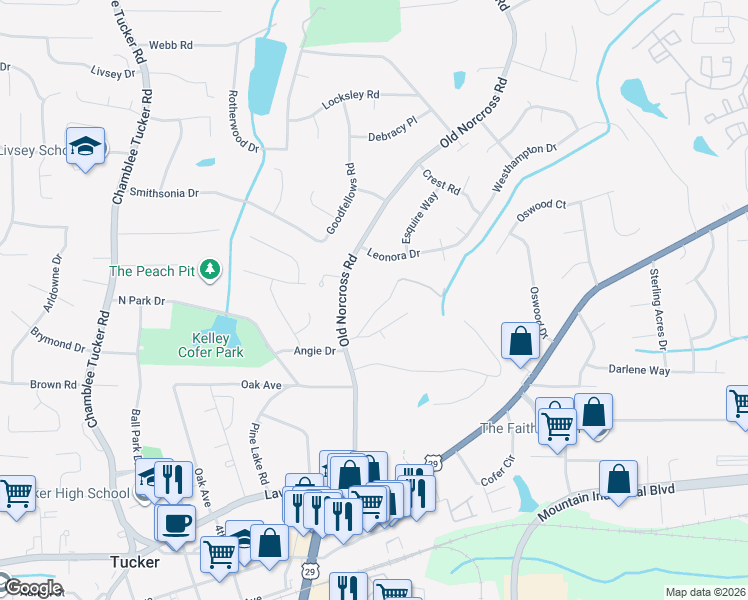 map of restaurants, bars, coffee shops, grocery stores, and more near 3644 Lakeside Court in Tucker