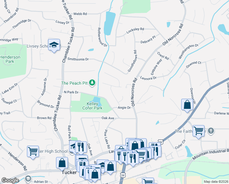 map of restaurants, bars, coffee shops, grocery stores, and more near 2662 Stella Burns Drive in Tucker