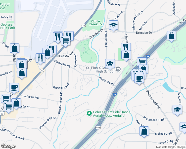 map of restaurants, bars, coffee shops, grocery stores, and more near 2279 Plaster Road Northeast in Atlanta