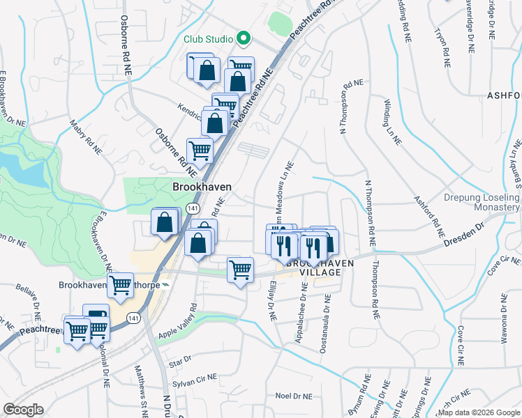 map of restaurants, bars, coffee shops, grocery stores, and more near 2646 Green Meadows Lane Northeast in Atlanta