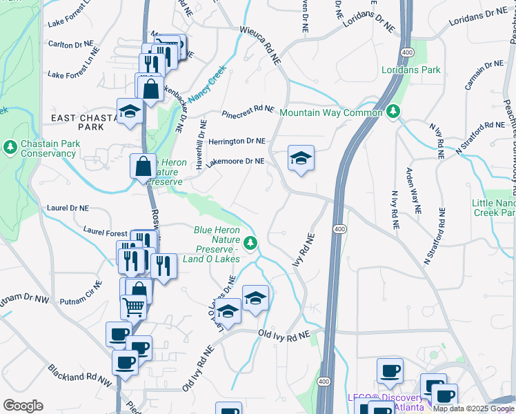 map of restaurants, bars, coffee shops, grocery stores, and more near 492 Emily Reed Lane in Atlanta