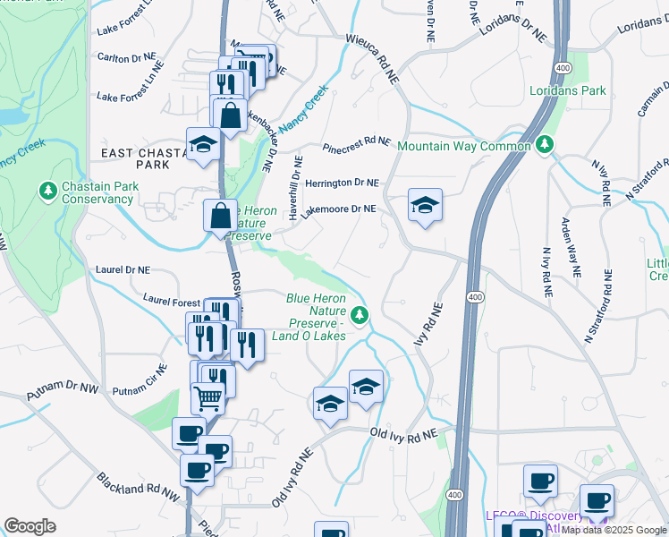 map of restaurants, bars, coffee shops, grocery stores, and more near 469 Emily Reed Lane in Atlanta