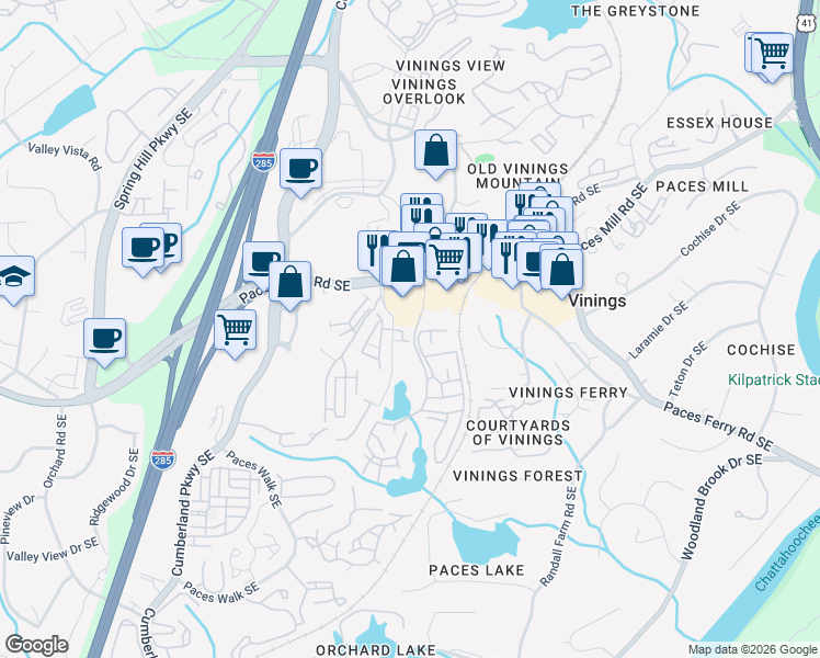 map of restaurants, bars, coffee shops, grocery stores, and more near 201 Twin Lakes Drive in Atlanta