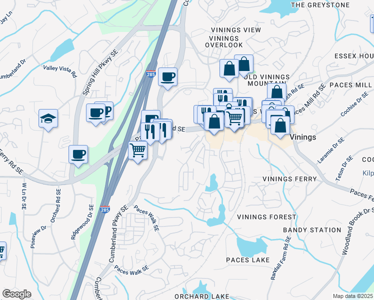 map of restaurants, bars, coffee shops, grocery stores, and more near 3680 Boulevard Hills Road Southeast in Atlanta