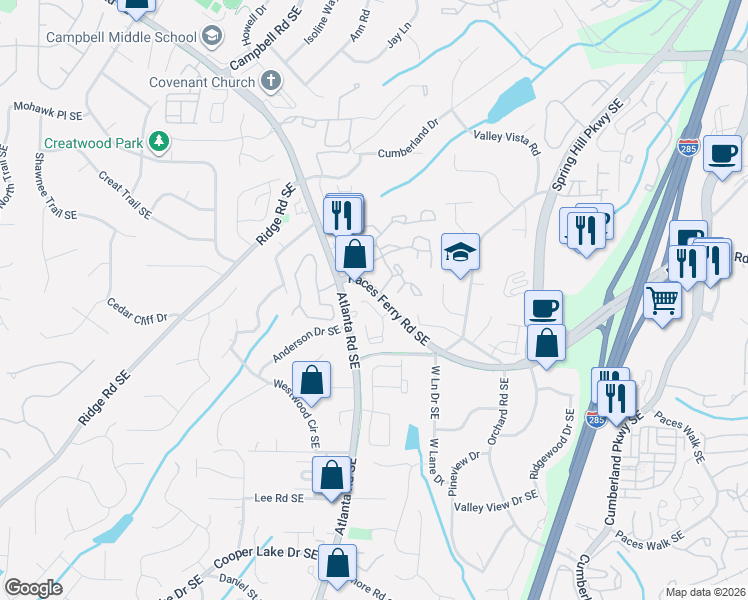 map of restaurants, bars, coffee shops, grocery stores, and more near 3711 Paces Park Circle Southeast in Smyrna