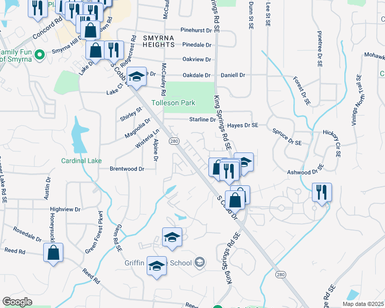 map of restaurants, bars, coffee shops, grocery stores, and more near 201 Coronet Woods Court in Smyrna