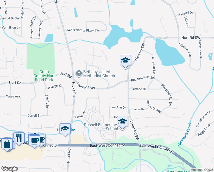 map of restaurants, bars, coffee shops, grocery stores, and more near 602 Hurt Road Southwest in Smyrna